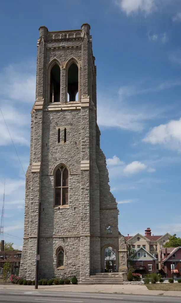 Eastern side of the tower of the Walnut Hills United Presbyterian Church, located at 2601 Gilbert Avenue in the Walnut Hills neighborhood of Cincinnati, Ohio.
