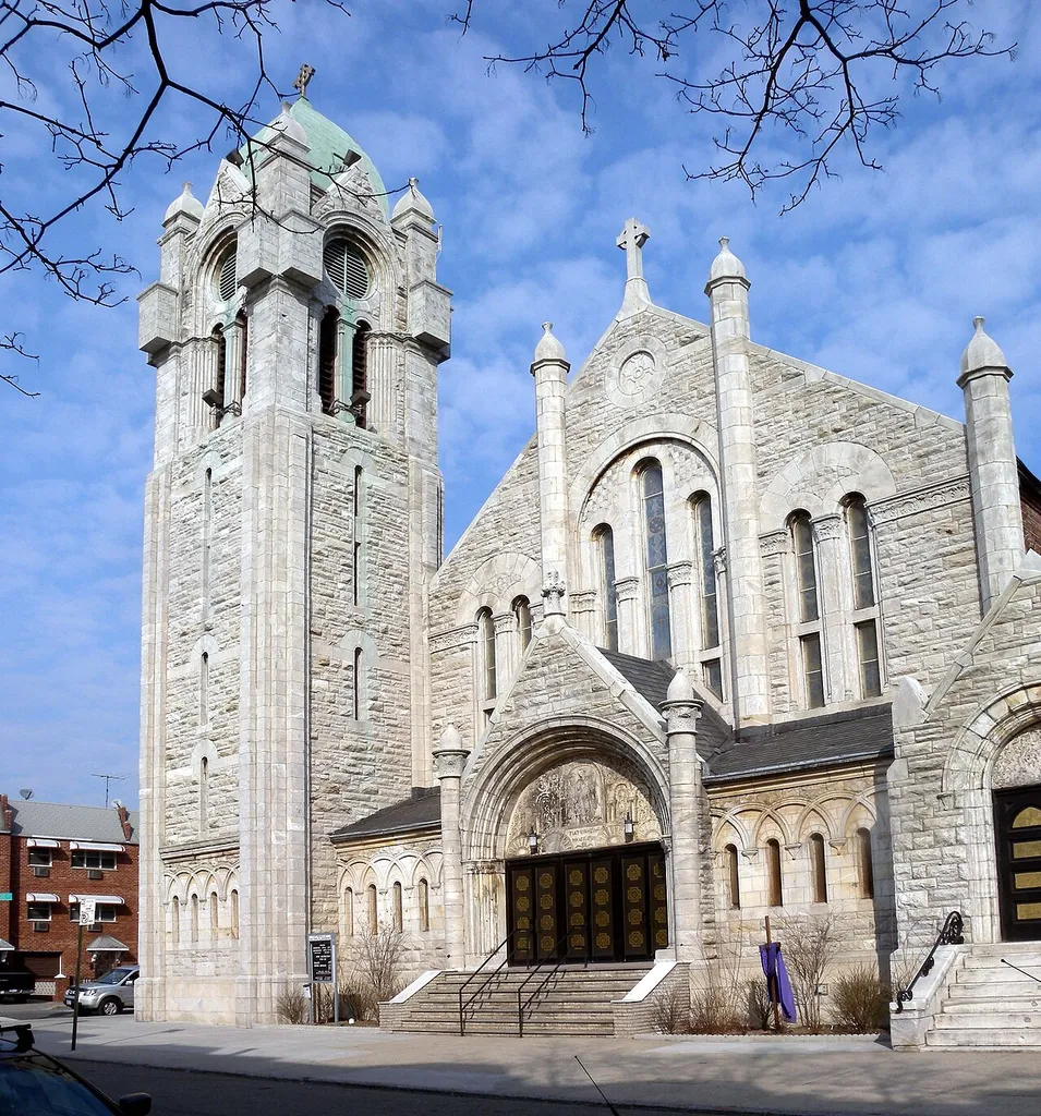 Looking northeast at en:Saint Cecilia's Catholic Church in Brooklyn and Herbert Street on a sunny afternoon.