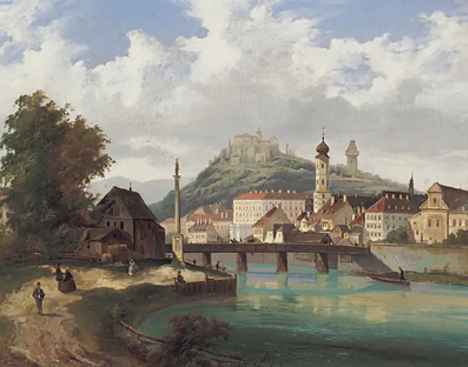 Blick auf die Grazer Altstadt vor der Schleifung der Schloßbergbefestigung 1809/10.[1] Öl auf Leinwand, 55,5 x 68,5 cm