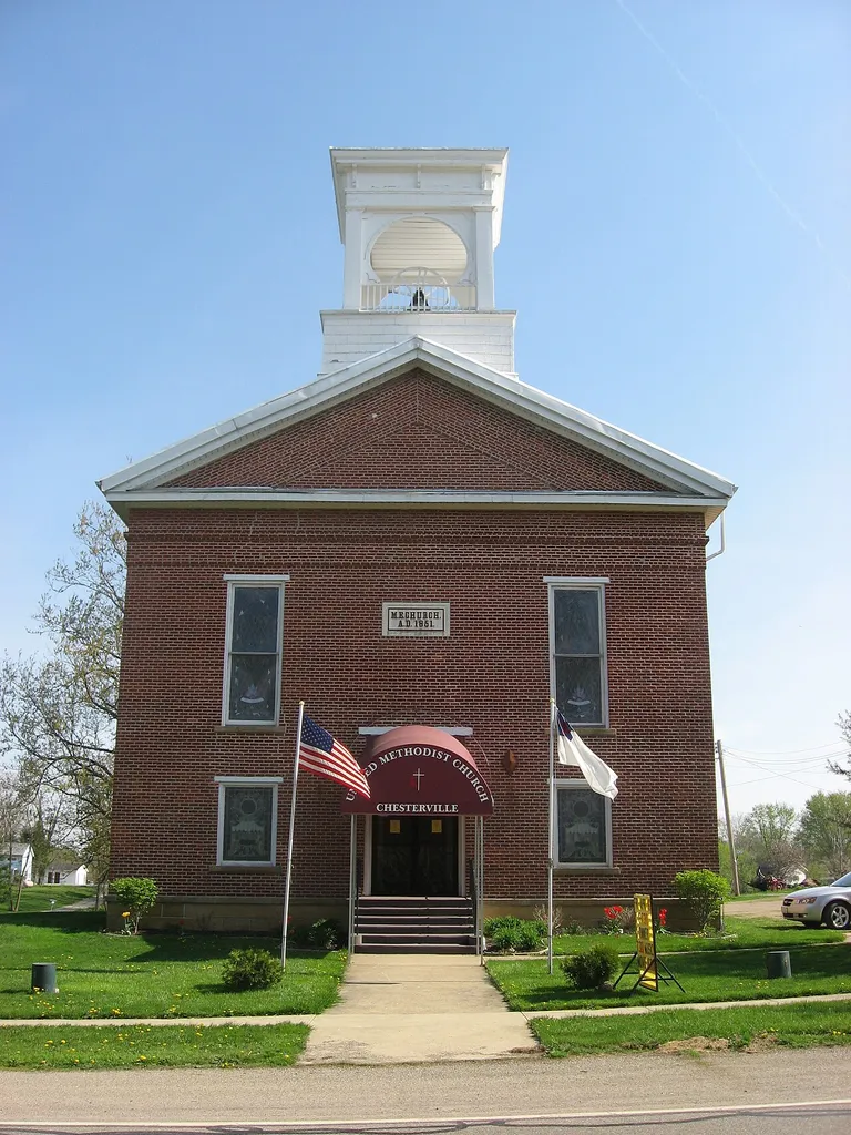 Front of the Chesterville Community Church, located at 115 E. Sandusky Street (State Route 95) in Chesterville, Ohio, United States. Built in 1851, it is listed on the National Register of Historic Places.