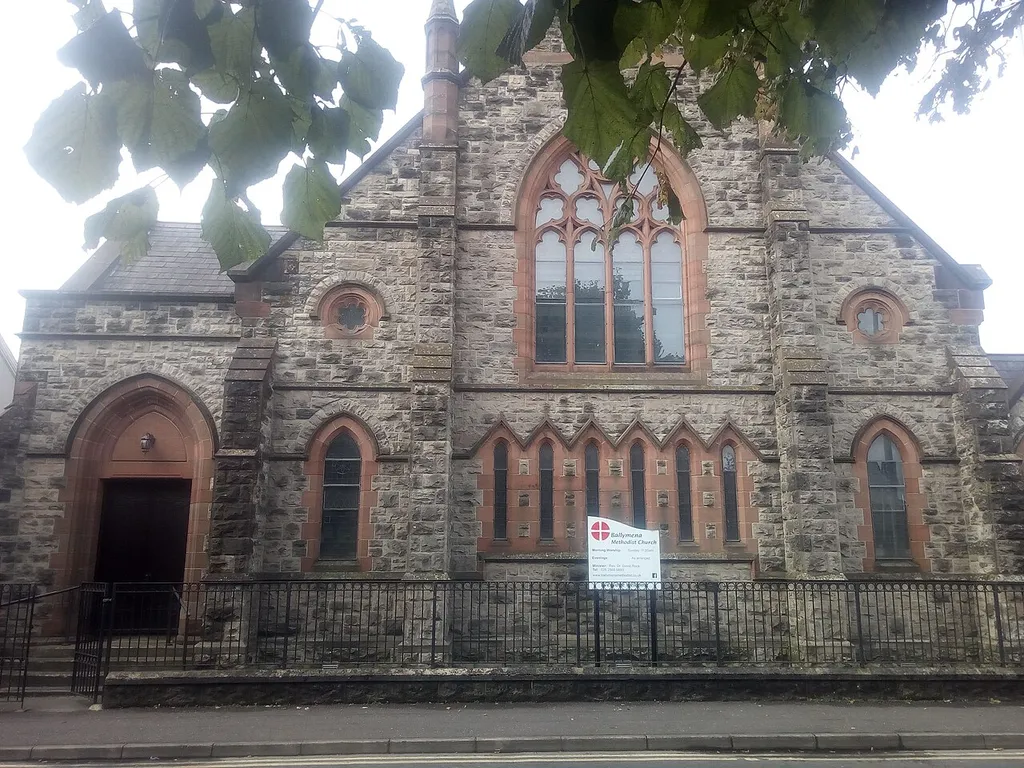 Ballymena Methodist Church, Ballymoney Road, Ballymena, County Antrim, seen from the east .mw-parser-output .messagebox{margin:4px 0;width:auto;border-collapse:collapse;border:2px solid var(--border-color-progressive,#6485d1);background-color:var(--background-color-neutral-subtle,#fbfcff);color:var(--color-base,#202122);box-sizing:border-box;border-inline-start-width:8px}.mw-parser-output .messagebox.mbox-small{font-size:88%;line-height:1.25em}.mw-parser-output .mbox-warning,.mw-parser-output .mbox-speedy{border:2px solid var(--border-color-error,#b22222);background:var(--background-color-error-subtle,#ffdbdb);border-inline-start-width:8px}.mw-parser-output .mbox-serious,.mw-parser-output .mbox-delete,.mw-parser-output .mbox-stop{border:2px solid var(--border-color-error,#b22222);border-inline-start-width:8px}.mw-parser-output .mbox-issue,.mw-parser-output .mbox-content{border:2px solid #f28500;background:var(--background-color-warning-subtle,#ffe);border-inline-start-width:8px}.mw-parser-output .mbox-query,.mw-parser-output .mbox-style{border:2px solid #f4c430;background:var(--background-color-warning-subtle,#ffe);border-inline-start-width:8px}.mw-parser-output .mbox-shit{border:2px solid #960;border-inline-start-width:8px}.mw-parser-output .mbox-license{border:2px solid #88a;border-inline-start-width:initial}.mw-parser-output .mbox-legal{border:2px solid var(--border-color-notice,#666);background:var(--background-color-base,#fff);border-inline-start-width:8px}.mw-parser-output .mbox-honor{border:2px solid #ca3;background:var(--background-color-warning-subtle,#fcf4db);border-inline-start-width:8px}.mw-parser-output .mbox-growth{border:2px solid #8d4;background:var(--background-color-success-subtle,#d5fdf4);border-inline-start-width:8px}.mw-parser-output .mbox-move{border:2px solid #93c;border-inline-start-width:8px}.mw-parser-output .mbox-protection,.mw-parser-output .mbox-message{border:2px solid var(--border-color-base,#aaa);border-inline-start-width:8px}.mw-pars