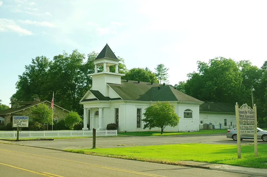 Faith Baptist Church in Jasper, Tennessee, United States. Built in 1875, this church is listed on the National Register of Historic Places as McKendree Methodist Episcopal Church.