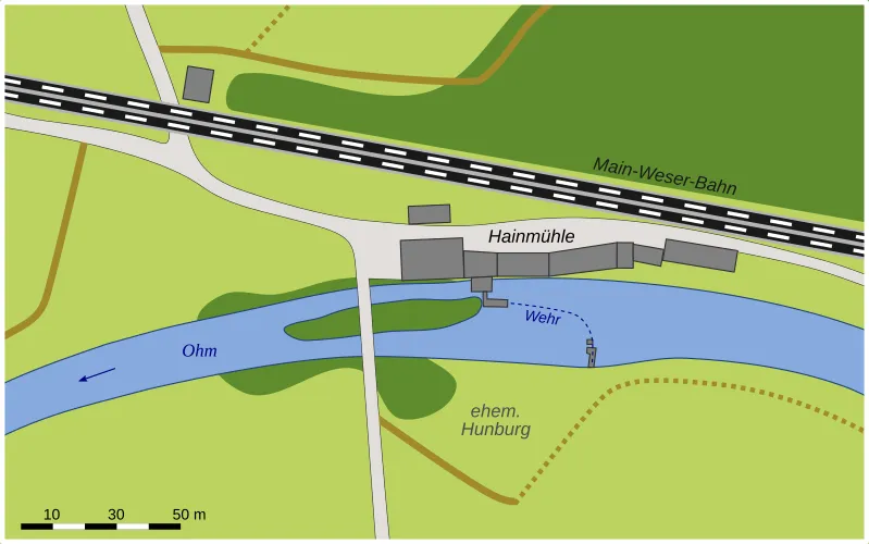 Lageplan de:Hainmühle (Betziesdorf) mit gekennzeichneter Lage der de:Hunburg (Betziesdorf).