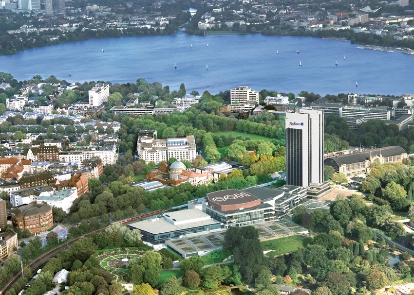 Aerial view of CCH - Congress Center Hamburg against the background of the Alster