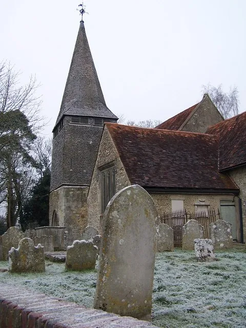 St Boniface church and churchyard, Nursling The churchyard viewed from the southeast, with a stiff frost on the grass and stones