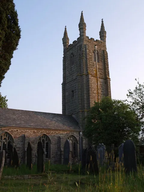 West tower of St Mary's parish church, Sydenham Damerel, Devon, seen from the north. The church was rebuilt after a fire in 1957.