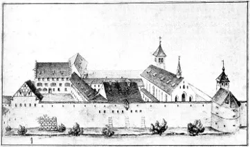 Kloster Sankt Agnesen in Schaffhausen von Osten. Sepia-Zeichnung von Hans Wilhelm Harder