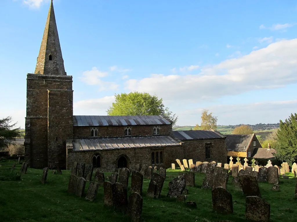 Shotteswell Churchyard. Saint Lawrence towers above the surrounding countryside.
