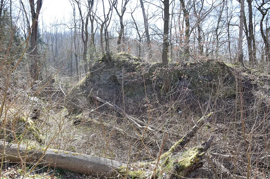 Breitungen, südlich des Ortes auf dem „Schlosskopf“ Ruine der Talrandburg „Thierburg“ Kernburg, Turmstumpf und Mauer