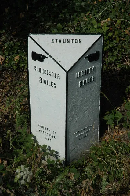 Milepost in Staunton This milepost on the edge of the village of Staunton is evidence that this village which is now in the county of Gloucestershire was in Worcestershire until it was transferred in 1931.