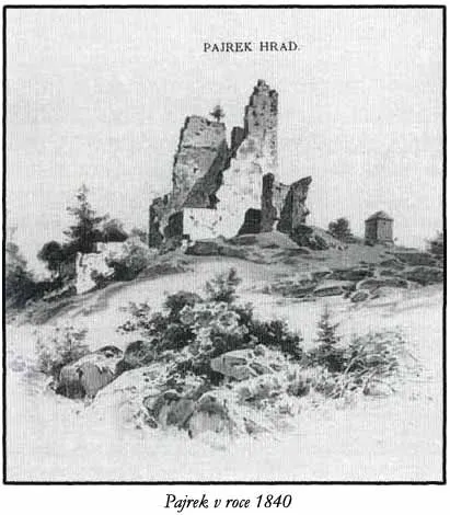 Historic illustration of the ruins Pajrek/Bayereck castle at Nýrsko.