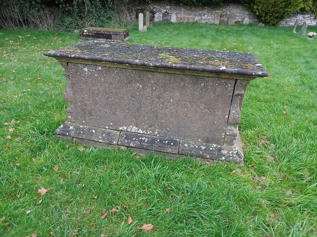 Chest tomb of Thomas Brain, in the churchyard of St. Lawrence's Church, Barton-on-the-Heath, Warwickshire, England. 1835, Grade II listed.
