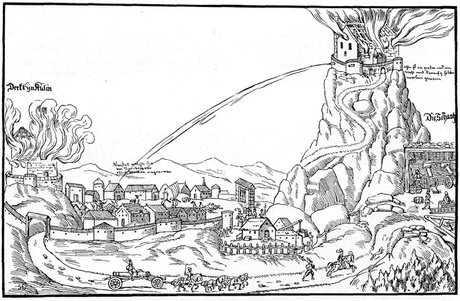 Belagerung der markgräfl. Veste auf dem Rauhen Kulm durch Truppen der Reichsstadt Nürnberg im Jahre 1554, links (westlich) Neustadt am Kulm und die Burg auf dem Kleinen Kulm. Zeitgenössischer Nürnberger Holzschnitt. [Aus Neischl 1912, Abb. 4].