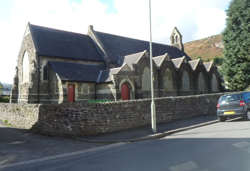 St Anne's Church, Ynyshir. Viewed from Station Road. The tower at the far end has 2 bells.