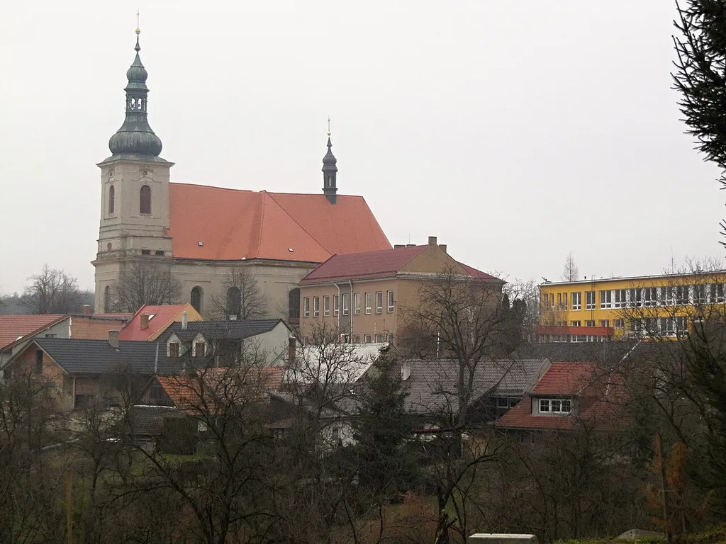 Střílky in Kroměříž District, Czech Republic. Church, municipal office and school.