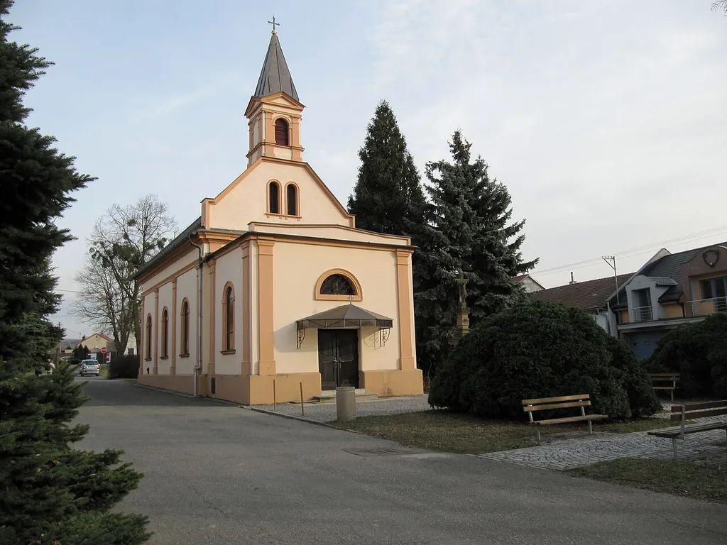 Otrokovice in Zlín District, Czech Republic, part Kvítkovice. Common of the former village Kvítkovice with the church of St. Anne.