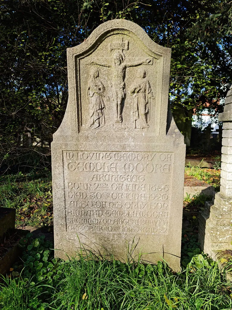 The Additional Burial Ground in Hampstead, London NW3, was consecrated in 1812 to relieve pressure on the burial ground of the nearby en:St John-at-Hampstead. It became largely redundant following the opening of en:Hampstead Cemetery in 1876, although it is still in very occasional use. The tomb of the architect Temple Moore is Grade II listed, it was designed by Moore's son-in-law, Leslie T Moore. This is a photo of listed building number 1356756.