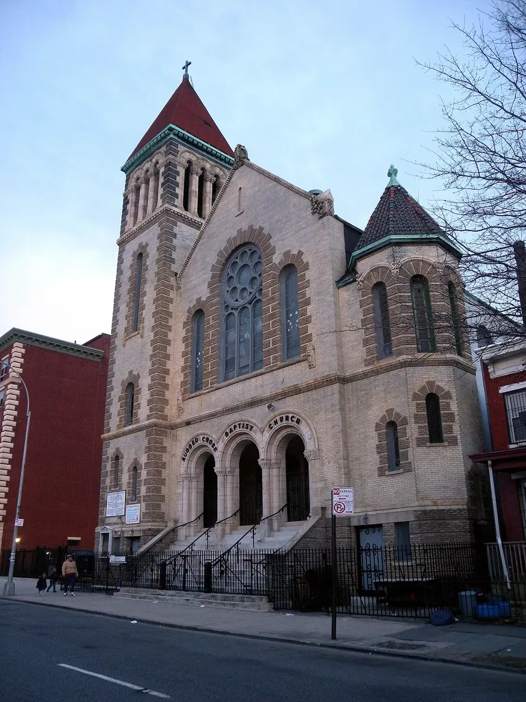 Looking southeast across Lafayette Avenue at en:Christ Evangelical English Lutheran Church on a cloudy late afternoon.