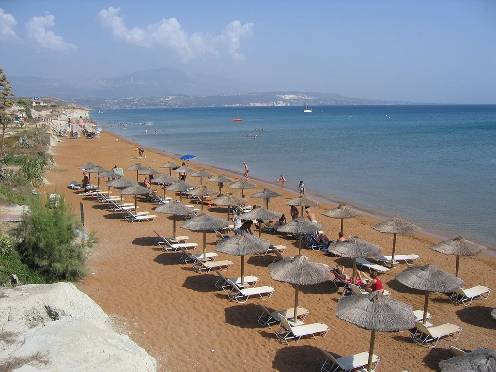Xi Beach, Paliki, Kefalonia, Greece. Loungers and shade near hotel.