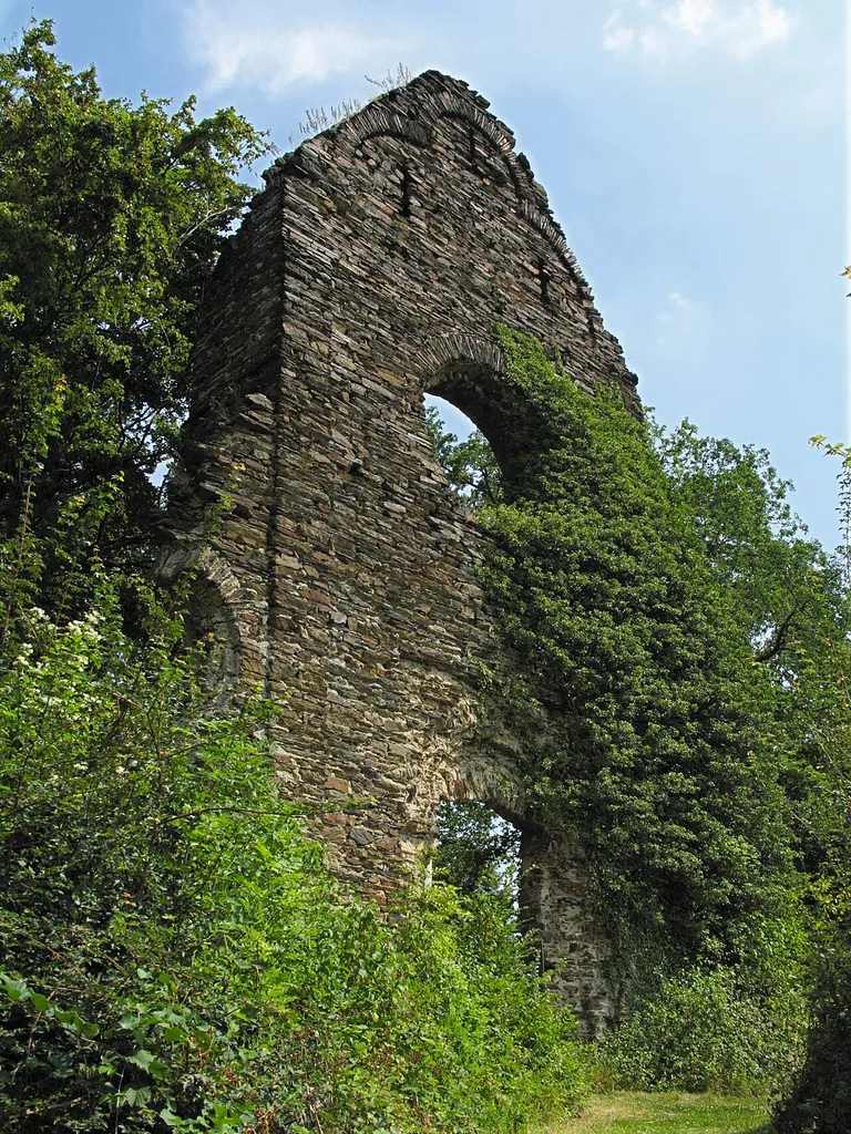 Ruins of the Brunnenburg monastery near Bremberg, Rhein-Lahn-Kreis, Germany. The picture shows the remains of the western wall of the monastery church. (View from outside, i.e. from western direction.)