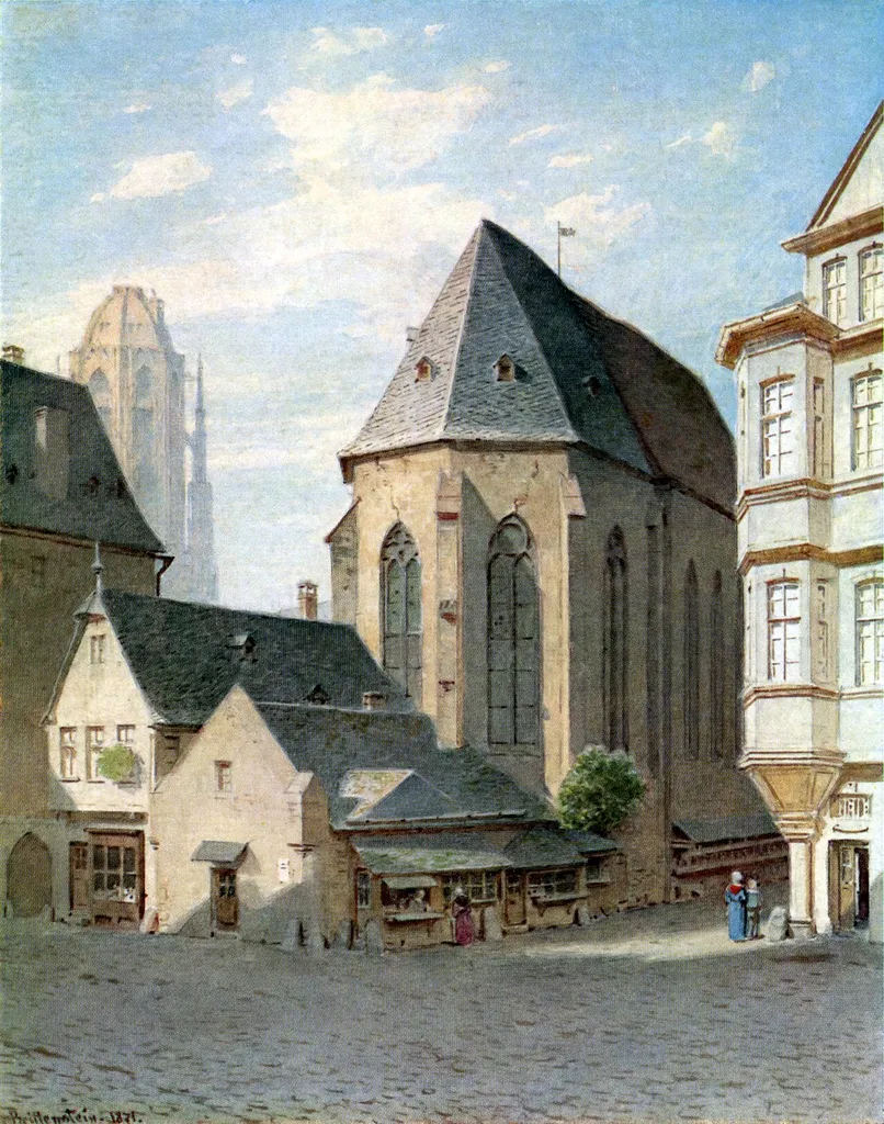 Frankfurt on the Main: Johanniterkirche (Saint John's Church) at the corner of Fahrgasse (Drive Lane) and Schnurgasse (Line Lane) as seen to the southwest, historicising depiction of the situation before 1845