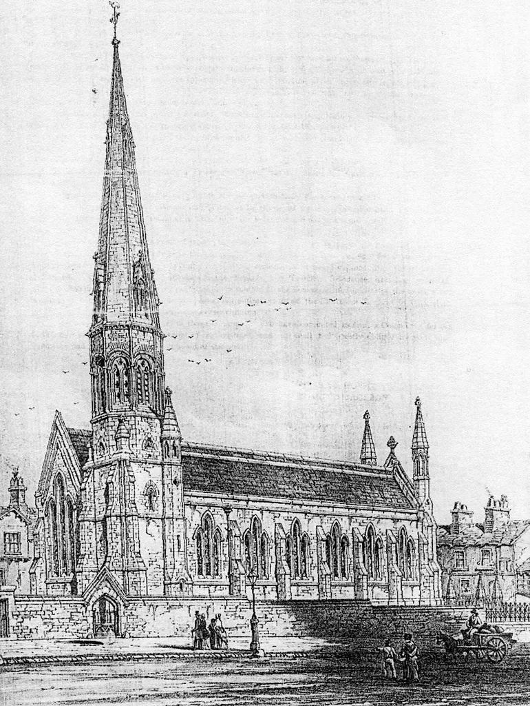 Architect's drawing of St Thomas' parish church, Lancaster, showing a proposal for a southwest tower and spire. Instead a west tower of different design was built.