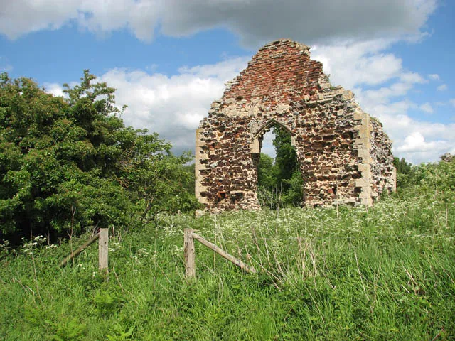 West wall of the ruin of St Michael's church, Mintlyn, Norfolk, seen from the west