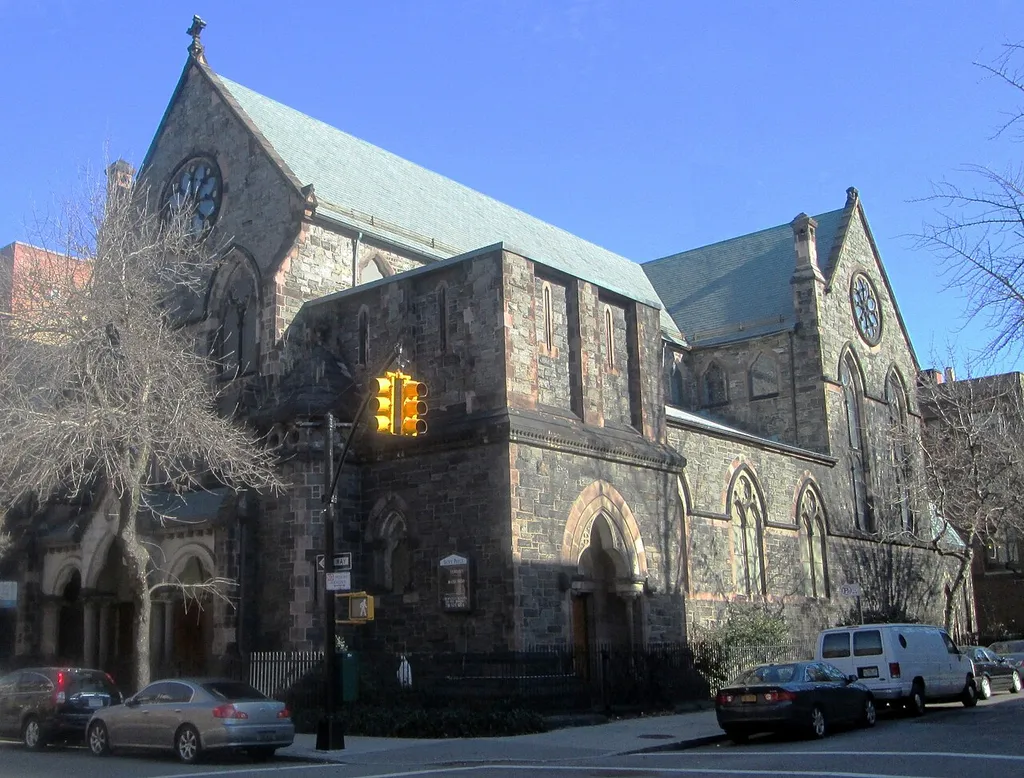 St. Paul's Episcopal Church of Brooklyn at 423 Clinton Street at Carroll Street in the Carroll Gardens neighborhood of Brooklyn, New York City was built 1867-1884 and was designed by Richard Upjohn &amp; Son in the high Victorian Gothic style. (Source: AIA Guide to NYC (5th ed.))