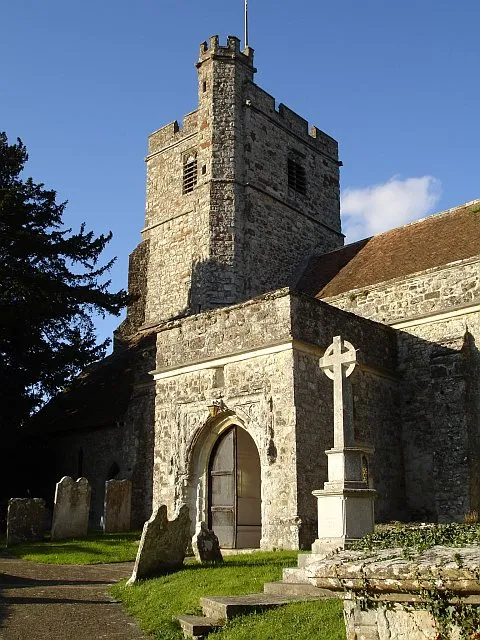 South porch and west tower of All Saints' parish church, Ulcombe, Kent, seen from the southeast