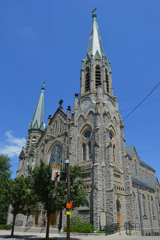 Front and southeastern side of St. Lawrence Catholic Church, located at 3680 Warsaw Avenue in Cincinnati, Ohio, United States.