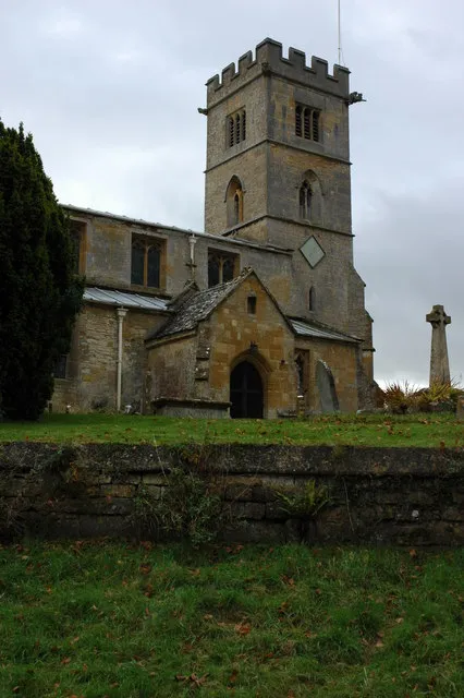 North porch and west tower of St Michael's parish church, Buckland, Gloucestershire, seen from the northeast
