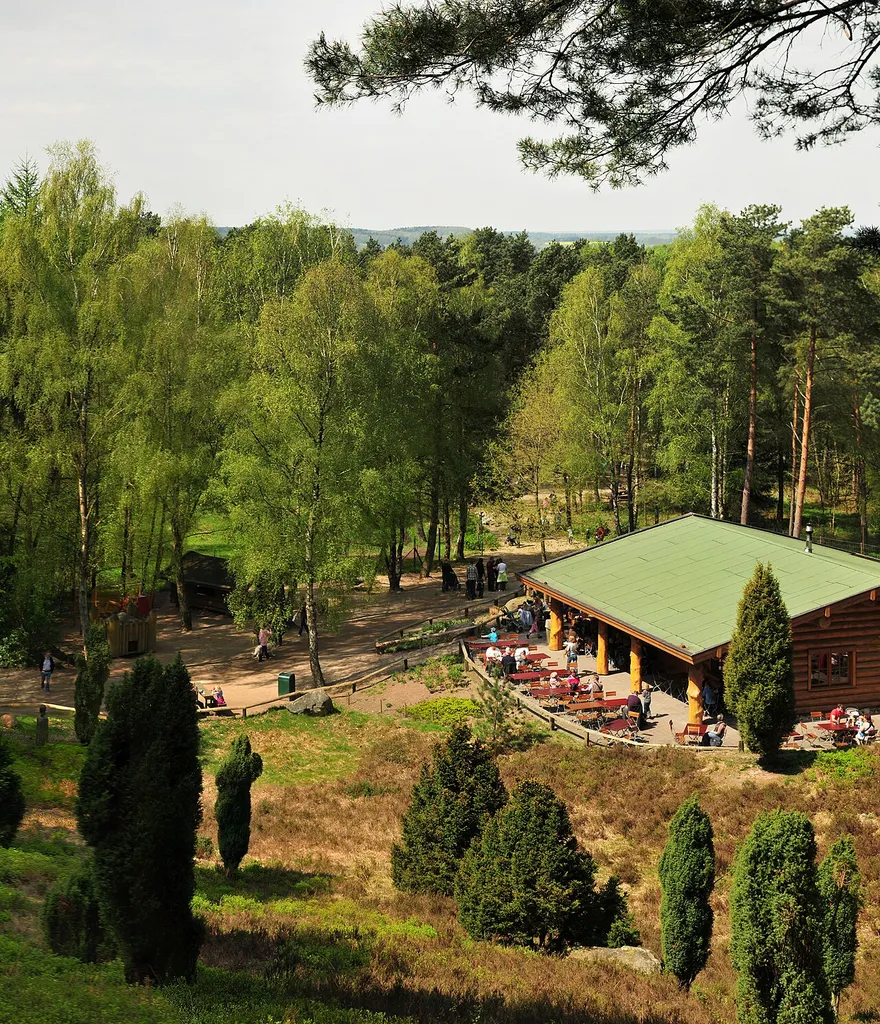 View of the Moose Lodge Restaurant in the Lüneburg Heath Wildlife Park near Nindorf, Hanstedt, Germany.