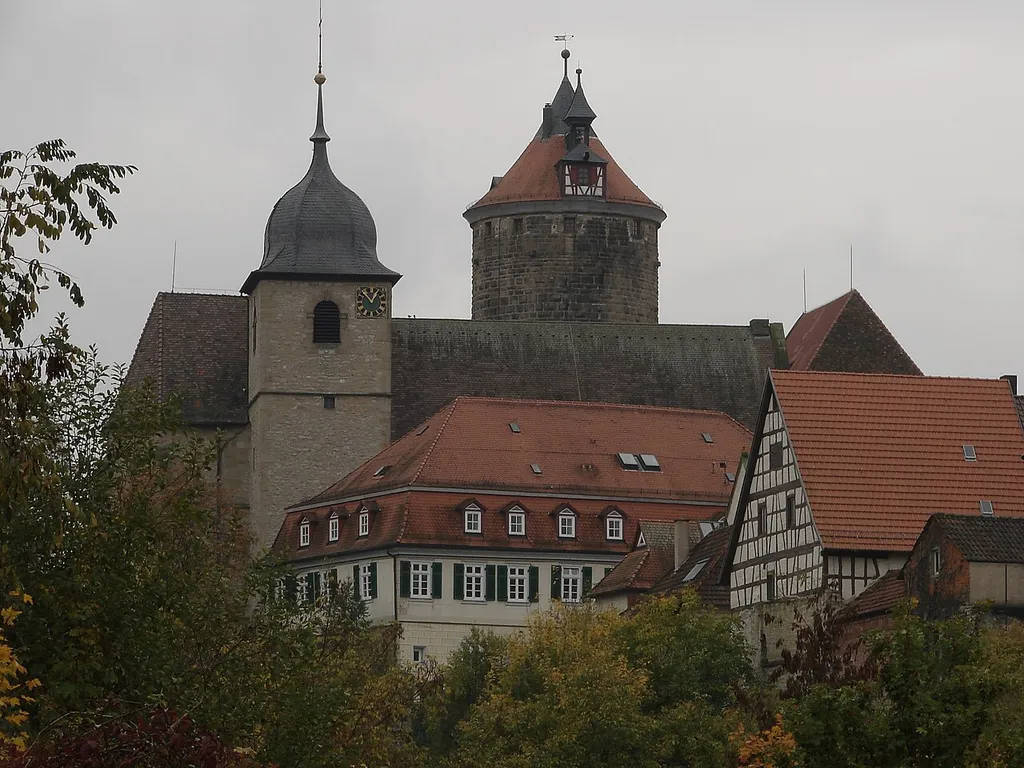 Besigheim, protestant town church, with ancient latin school in front and big town tower Schochenturm behind the church