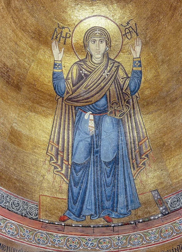 Its height is 6 m. Circa 2 mln of tesserae were used in a mosaic set. It is one biggest monumental examples of Old Rus art. “Orans” in Greek means “praying”. This image is one of the main iconographic types of the portrayal of the Virgin Mary that presents her image with her hands raised in prayer. The Virgin Orans is called “the Unbreakable Wall”. From ancient times it is believed that as long as the image of the Virgin Orans is in St. Sophia so long the city of Kyiv and all Rus stand.