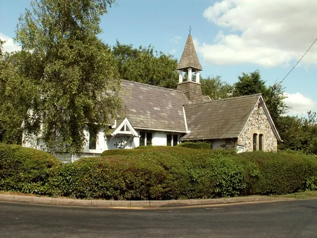 St Anne's church, Allen's Green, Hertfordshire, seen from the southwest. Designed by GE Pritchett and built as a mission church.