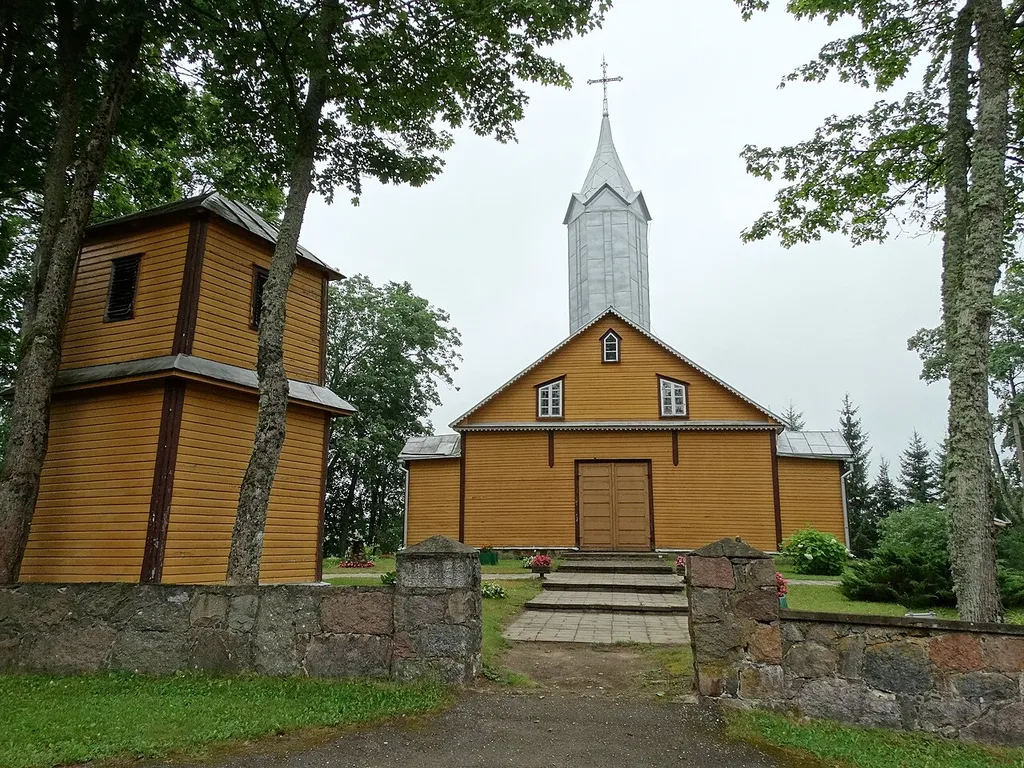 Catholic church and bell tower in Spitrėnai, Utena District, Lithuania