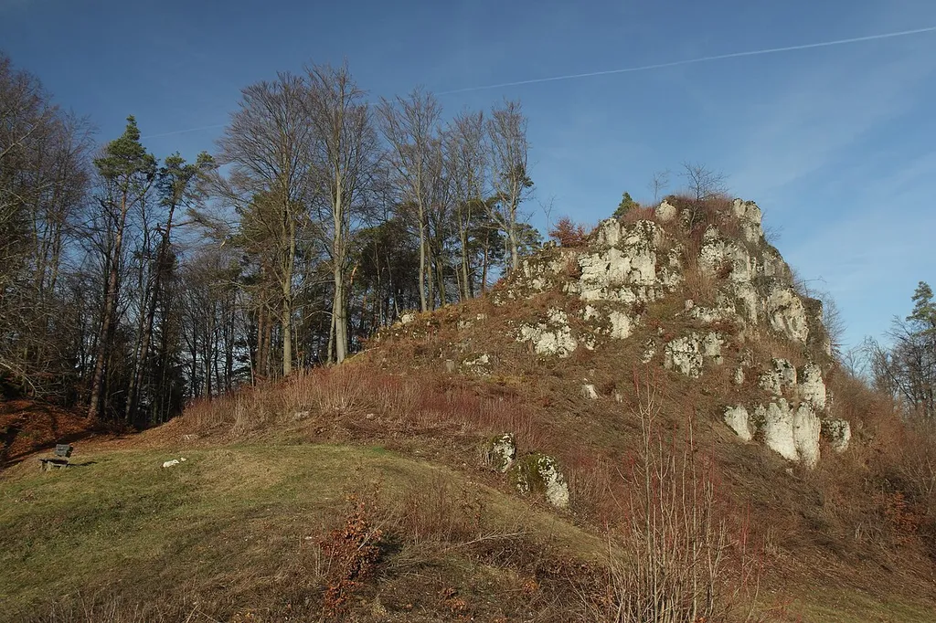 Burgstall Spies - Ansicht der Feldseite der Burg mit dem Fels, der die Hauptburg trug