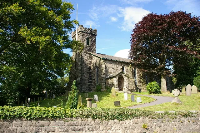 St John the Evangelist's parish church, Hurst Green, Lancashire, seen from the southwest