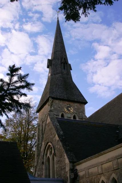 West tower and broach spire of St Bartholomew's parish church, Wickham Bishops, Essex. The church was built in 1850.
