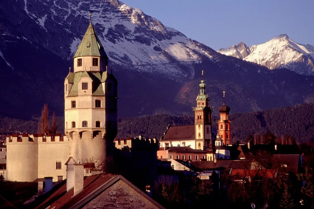 The towers of Hall in Tirol with the Nordkette mountains