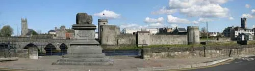 Treaty Stone and King Johns Castle, Limerick Panoramic view including Thomond Bridge, King Johns castle, the River Shannon and St Marys Cathedral