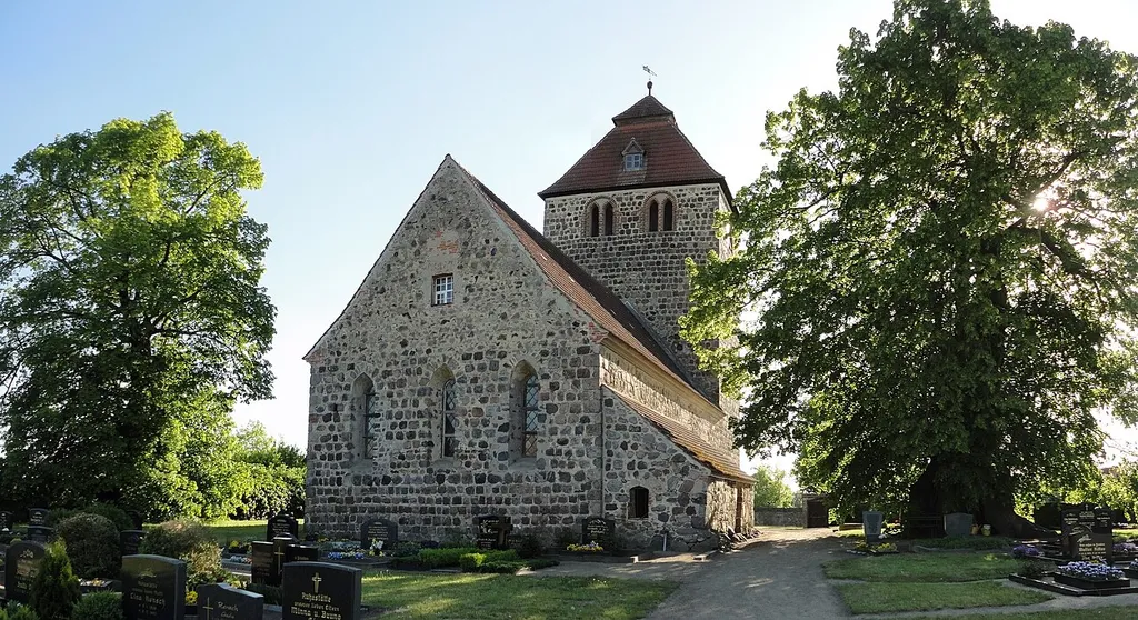 Eastern view of the church in Rönnebeck , Sonnenberg municipality , Oberhavel district, Brandenburg state, Germany.