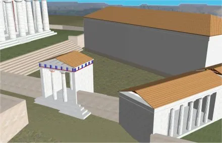 Computer generated reconstruction of the Chalkotheke (treasury) on the Acropolis of Athens.