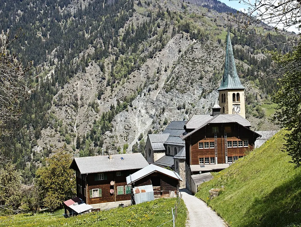 Grengiols, canton of Valais, Switzerland: Village with church seen from the south
