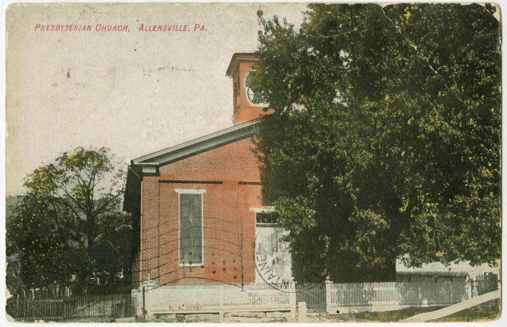 Presbyterian church in Allensville, Pennsylvania from a pre-1923 postcard From RG 428, Postcard Collection, Presbyterian Historical Society, Philadelphia, Pennsylvania.