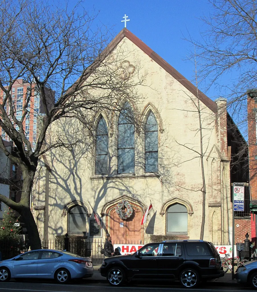 St Cyril of Turov Cathedral of the Byelorussian Autocephalic Orthodox Church in America, located at 401 Atlantic Avenue at the corner of Bond Street in the Boerum Hill neighborhood of Brooklyn, New York City was built in 1902 in a simplified Gothic style, on the site of an earlier church, dating from the 1850s, which had been St. Peter's Episcopal Church and then Second United Presbyterian Church. The current building was sold to Belarusan immigrants in 1950 (Source: "The Brownstoner")