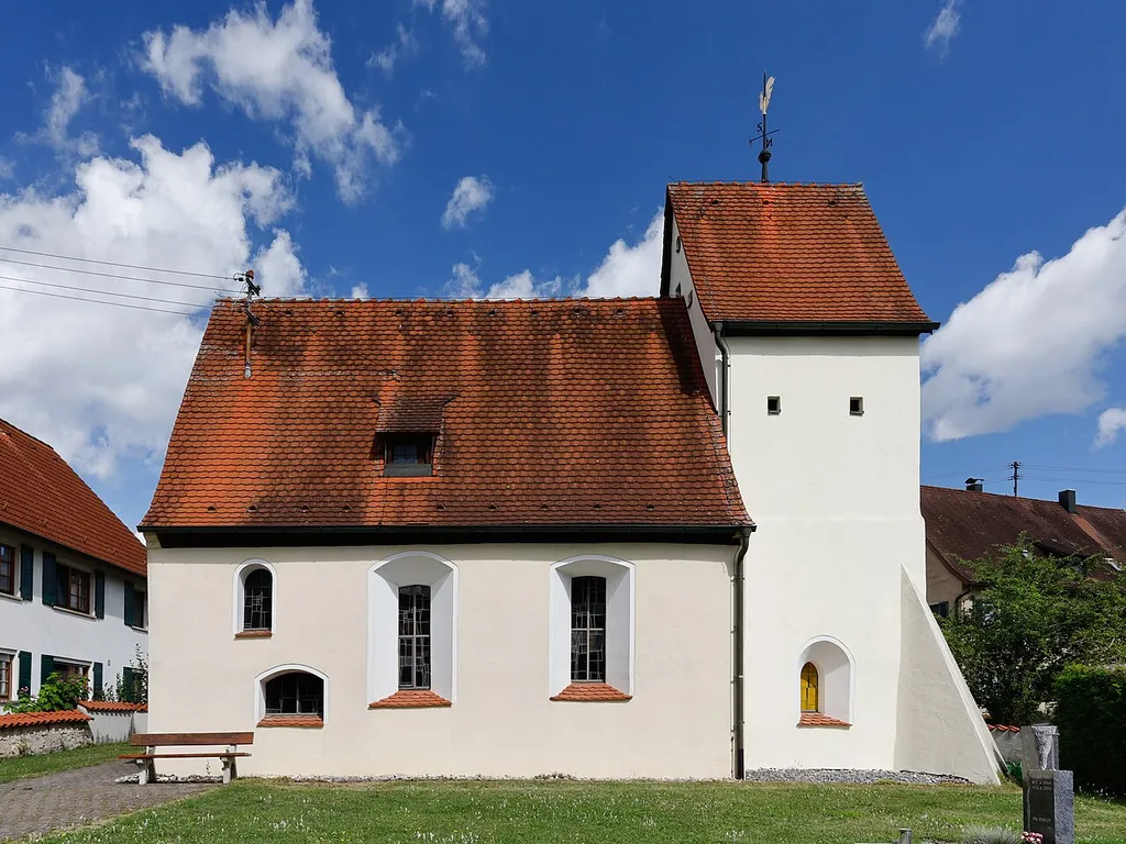 South view of the small church of Sinabronn, constructed at the begin of the 15th century, dedicated to James the Greater and the Holy Cross, and restored in 1962. This church is located at one of the German Way of St. James to Santiago de Compostela.