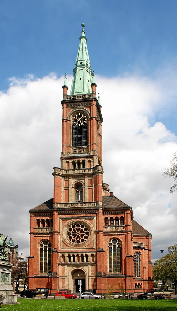 Düsseldorf, Germany. Protestant church Johanneskirche. View from South-West.