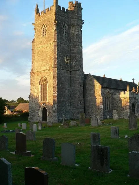 Parish church of St James the Great, Talaton, Devon, seen from the southwest shortly before sunset on an August evening