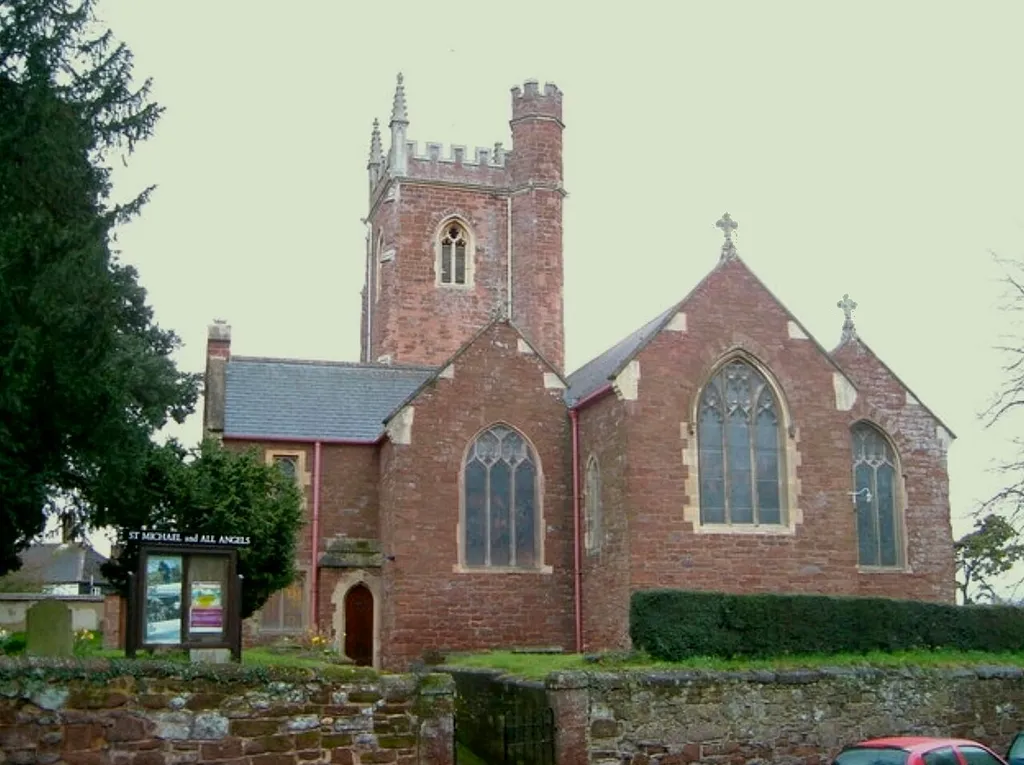 St Michael's Church, Alphington. Red sandstone church, from the east. "Quite an ambitious building", say Cherry and Pevsner.